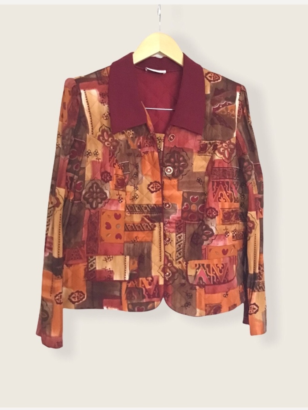 Women’s vintage Patchwork Pattern Button-Up Jacket - orange brown burgundy